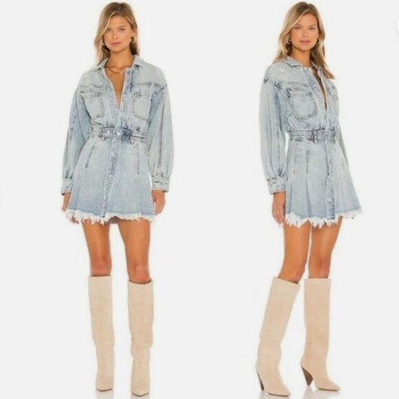 We the Free Chain of Command Acid Wash Denim Long Sleeve Mini Dress Size Large - Picture 1 of 11